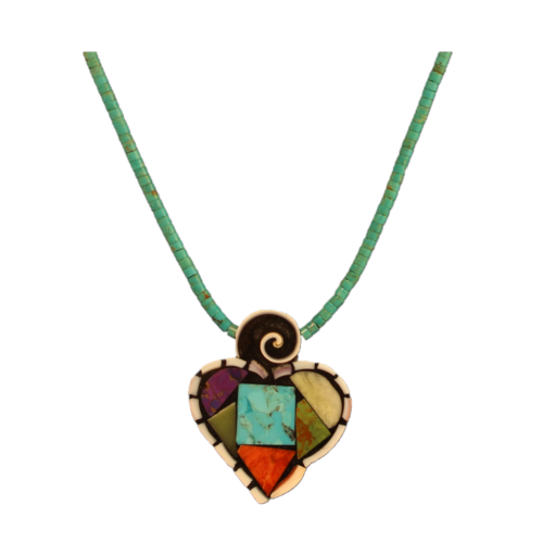 Turquoise Heishi Necklace with Inlay Designs - Mary Tafoya