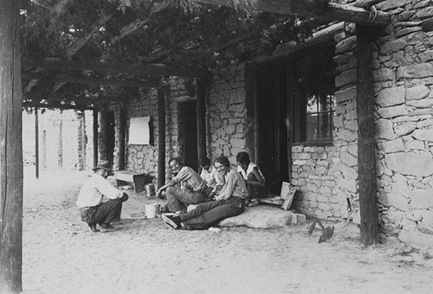 1)	Peggy Foraker, Sara Goddard, Florence Hawley and Marjorie Ferguson cleaning pottery under the ramada at Chaco Canyon field school. MMA 2009.24.105